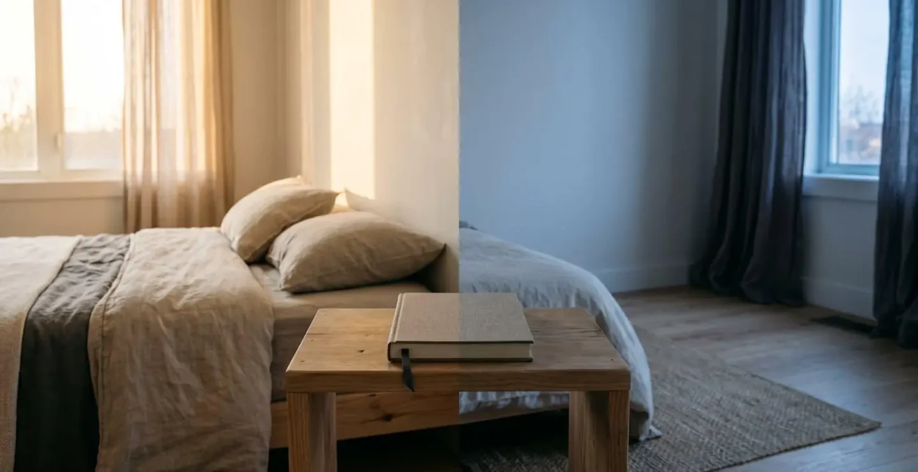 Environmental wide shot of a serene bedroom setting with soft morning and evening light creating a bookend visual metaphor for daily gratitude practice