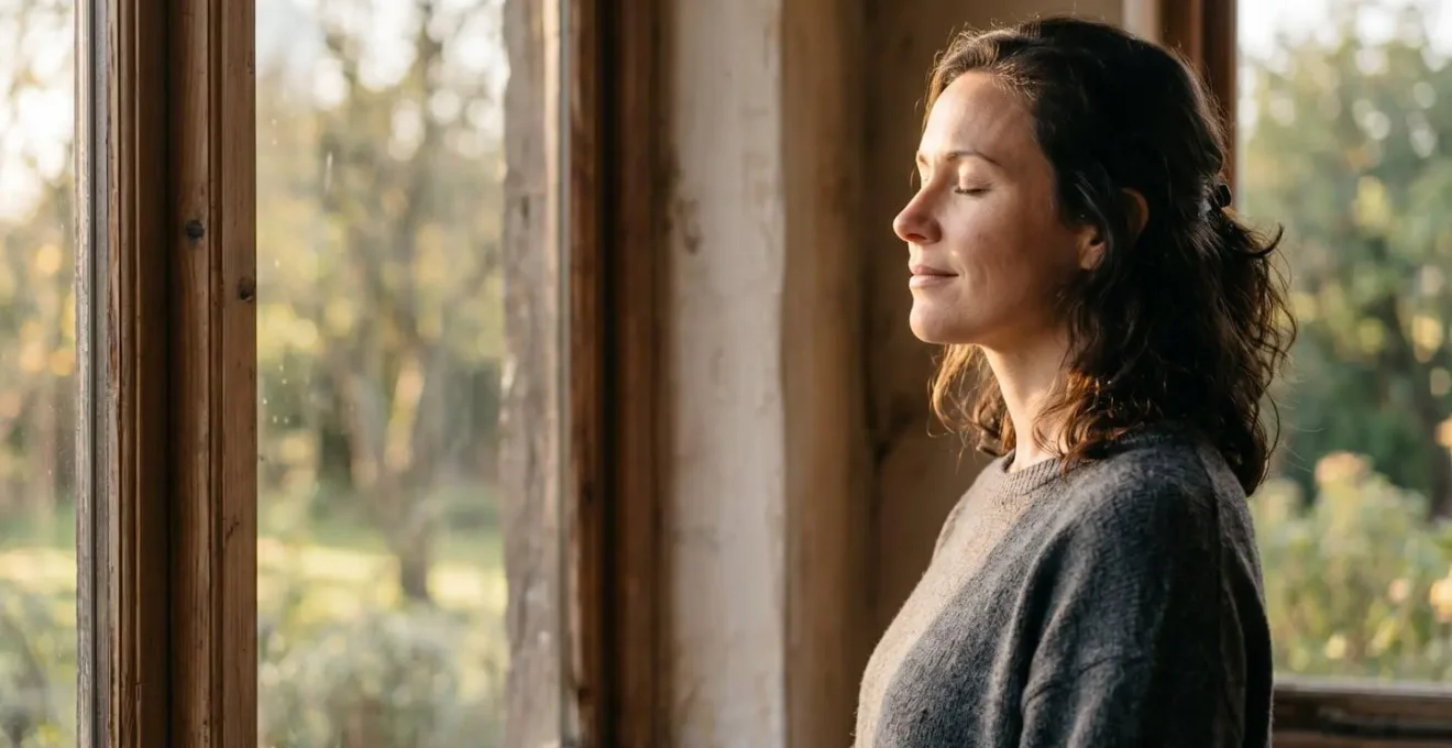 Person experiencing gentle morning sunlight in a natural outdoor setting, representing the cortisol-resetting practice
