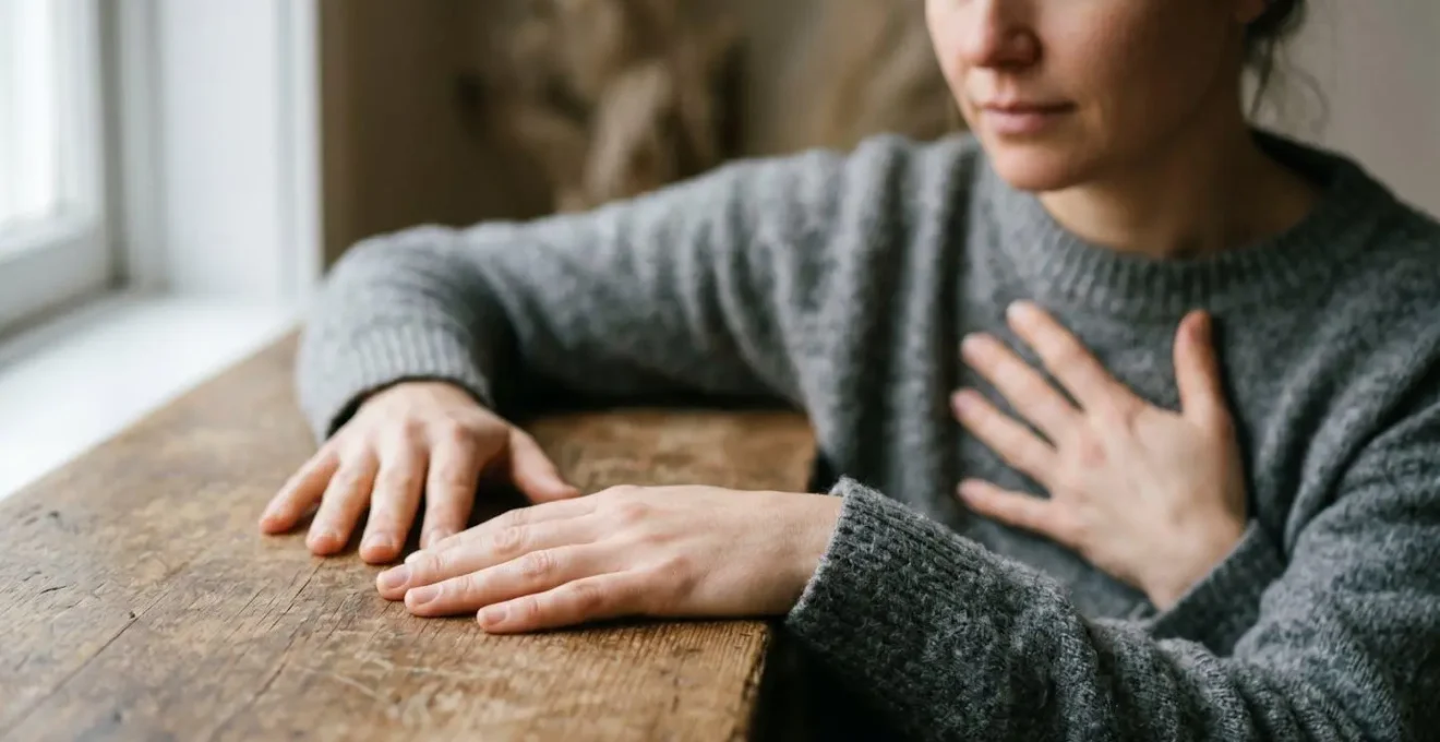 Close-up of hands in gentle grounding gesture representing self-regulation and therapeutic pacing