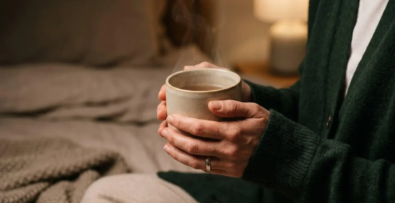 Close-up of hands holding warm beverage in dim evening light showing peaceful nighttime ritual