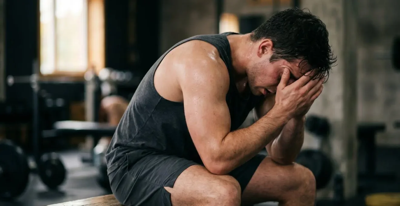 Human figure showing physical exhaustion and fatigue from excessive training demonstrating overtraining syndrome concept