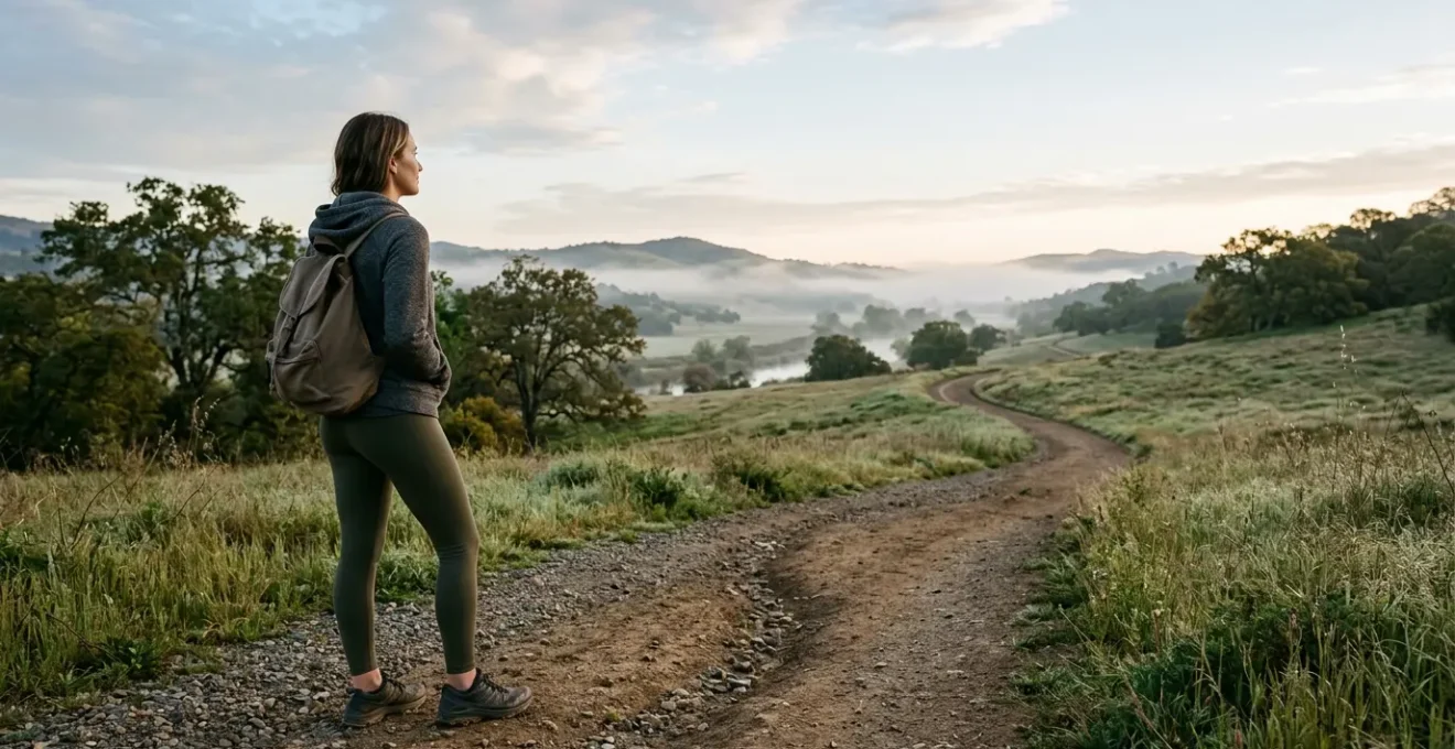 A person standing at the beginning of a winding path through a natural landscape, symbolizing the start of a personalized wellness journey