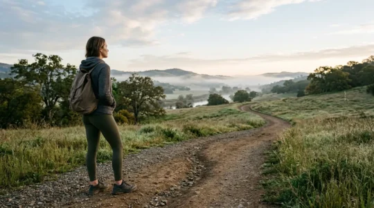 A person standing at the beginning of a winding path through a natural landscape, symbolizing the start of a personalized wellness journey