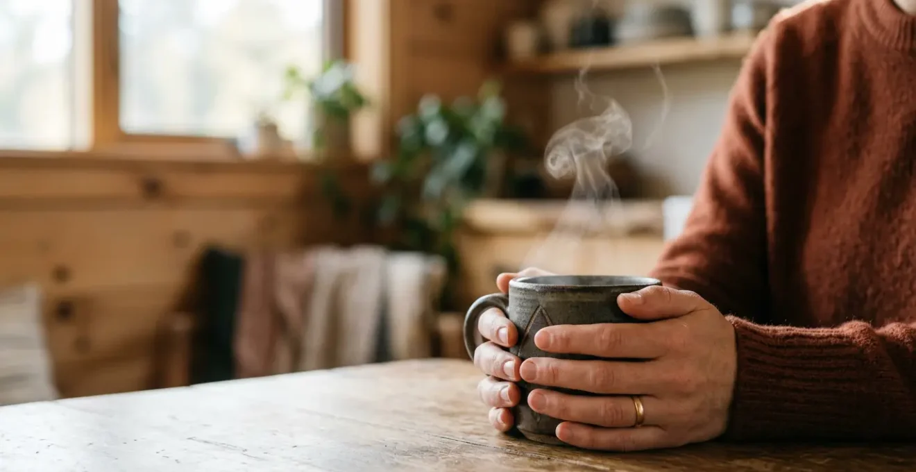 A serene moment captured in warm natural light showing hands gently cradling a steaming cup, symbolizing mindful presence and emotional wellness in everyday rituals