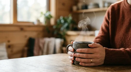 A serene moment captured in warm natural light showing hands gently cradling a steaming cup, symbolizing mindful presence and emotional wellness in everyday rituals