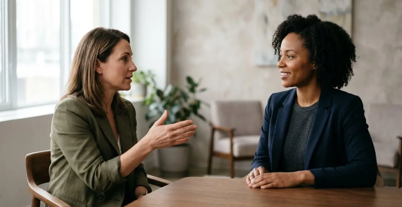 Two professionals in a focused one-on-one consultation, suggesting active listening and meaningful connection