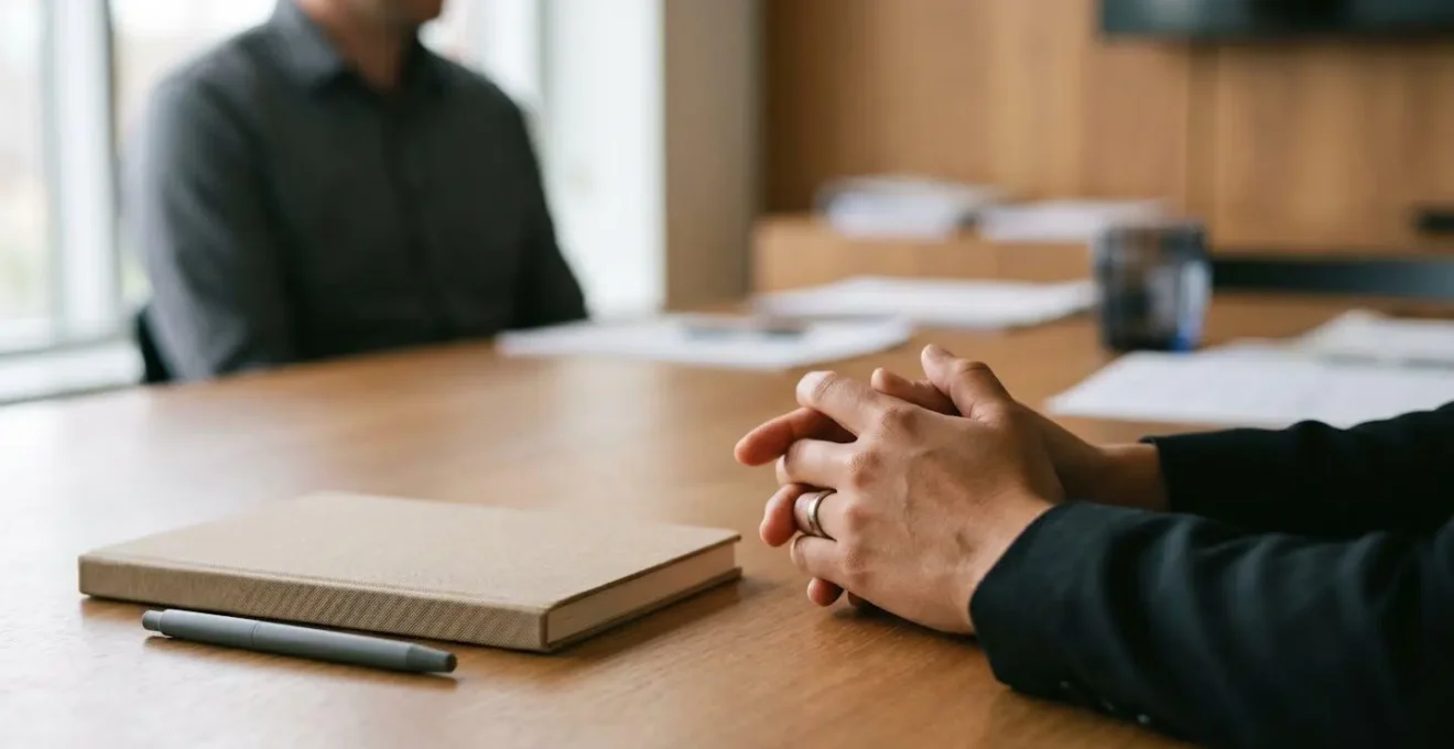 Professional having a confident, solution-focused conversation in a quiet office space