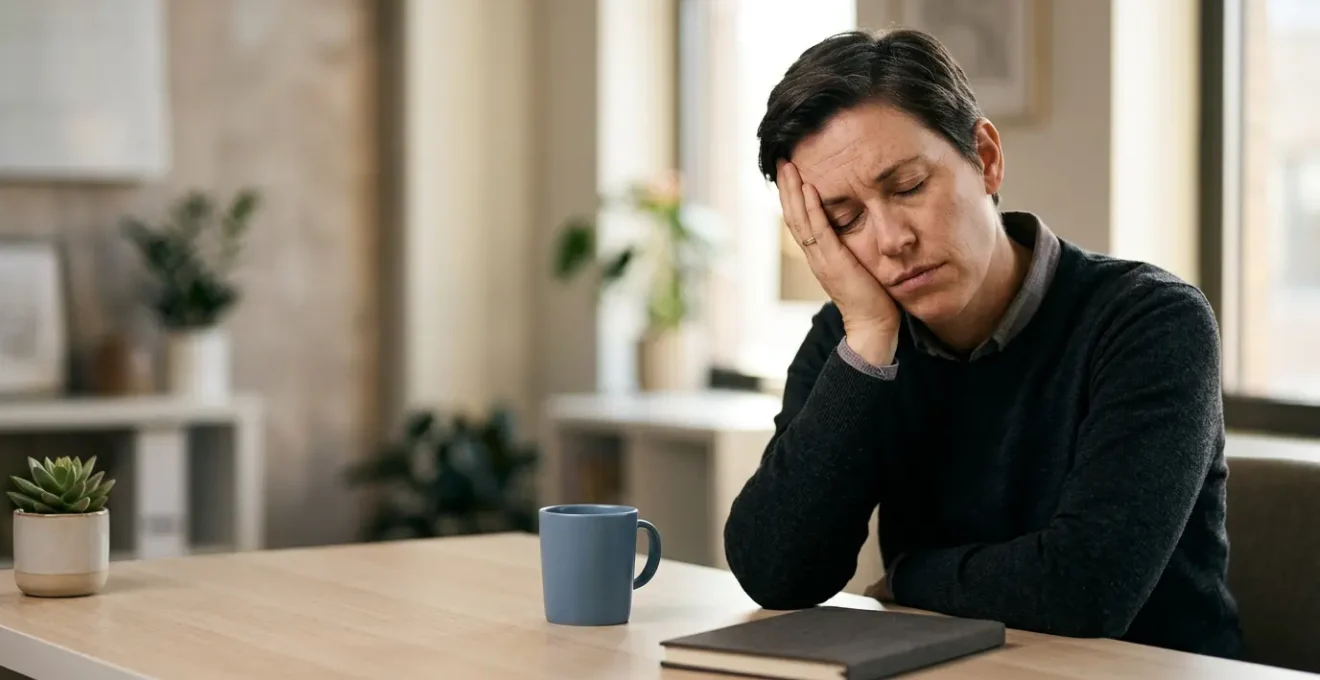 Exhausted professional experiencing burnout while working at desk