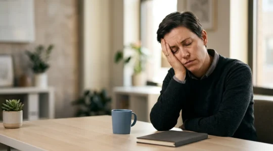 Exhausted professional experiencing burnout while working at desk