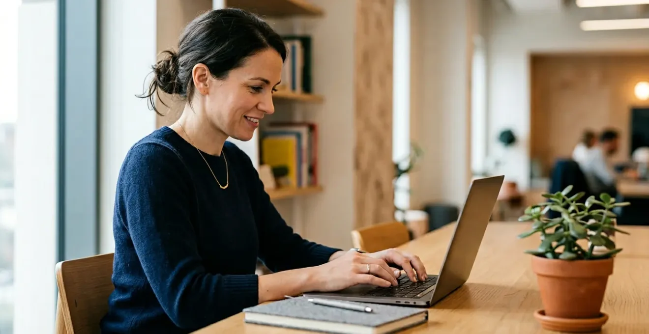 A professional sitting at a minimalist workspace with natural light, appearing thoughtfully engaged in their work