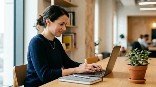 A professional sitting at a minimalist workspace with natural light, appearing thoughtfully engaged in their work
