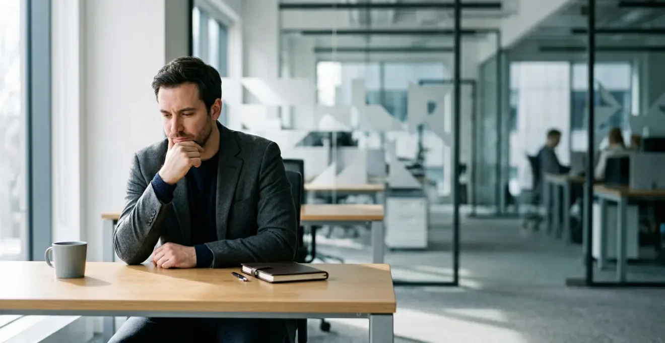 Professional experiencing self-doubt in modern workspace