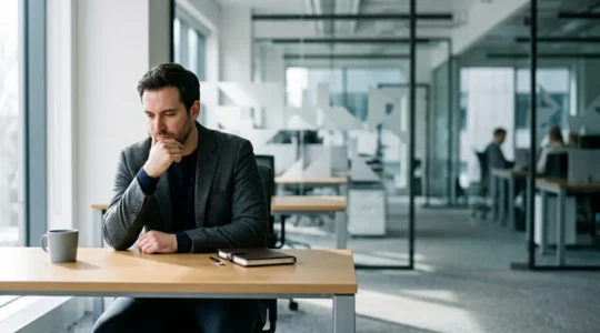 Professional experiencing self-doubt in modern workspace