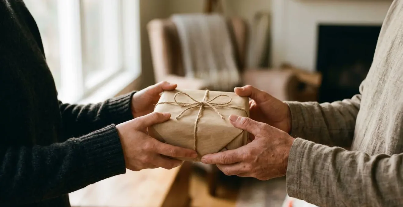Close-up of hands exchanging a wrapped gift in warm natural light