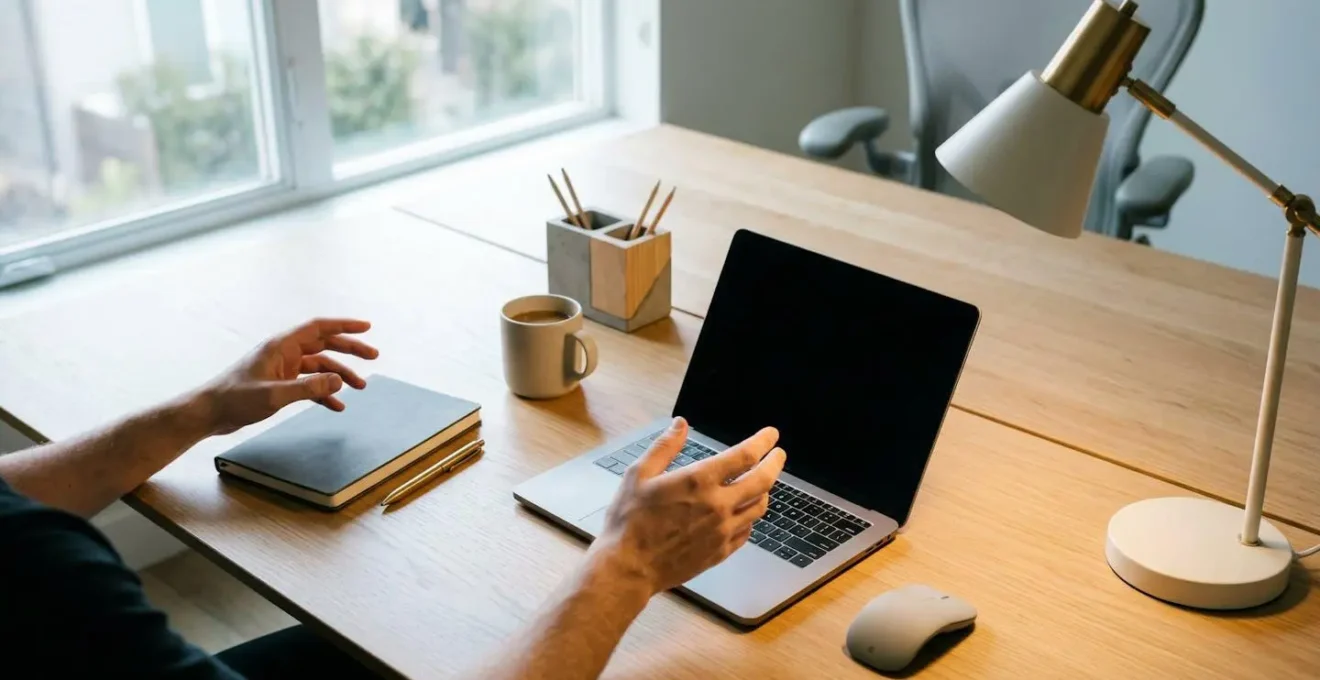Professional workspace showing seamless transition between different work modes with natural lighting and clean composition