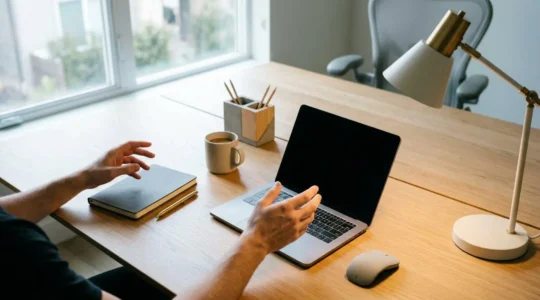 Professional workspace showing seamless transition between different work modes with natural lighting and clean composition