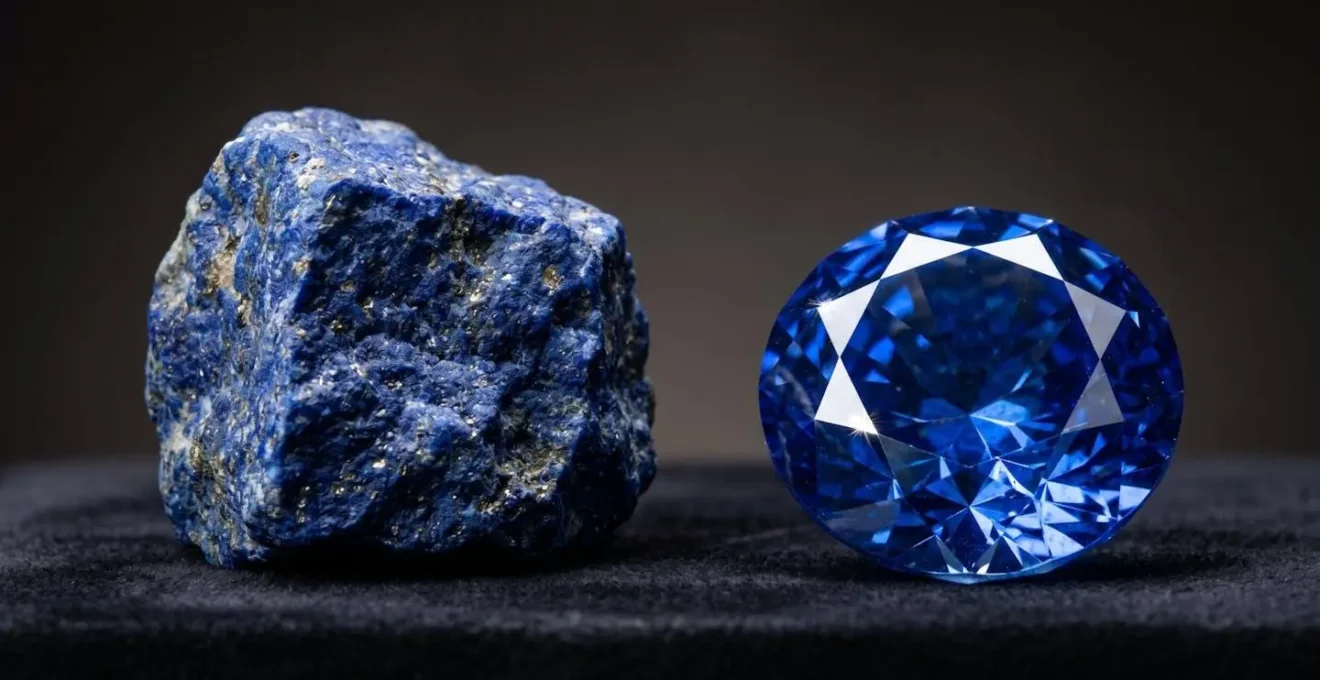 Close-up comparison showing transformation from a raw, natural diamond to a refined, brilliant gem.