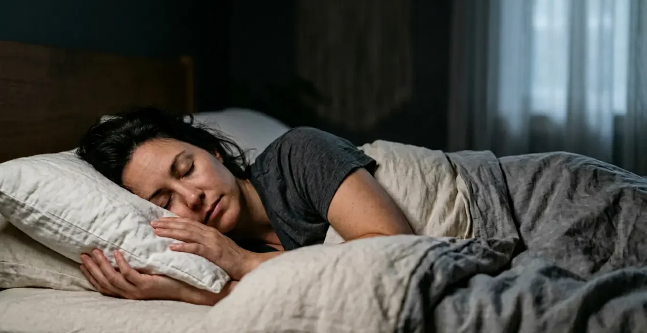 Editorial photograph showing a person peacefully sleeping in dim ambient light with subtle purple-blue tones suggesting REM dream state