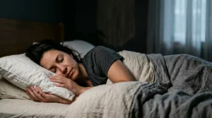 Editorial photograph showing a person peacefully sleeping in dim ambient light with subtle purple-blue tones suggesting REM dream state