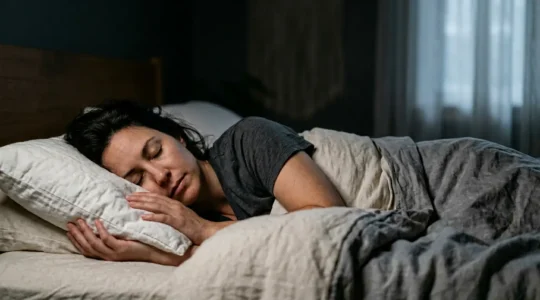 Editorial photograph showing a person peacefully sleeping in dim ambient light with subtle purple-blue tones suggesting REM dream state