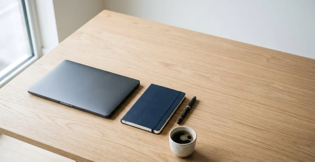 Minimalist wide-angle workspace showing a clear, focused environment with intentional negative space
