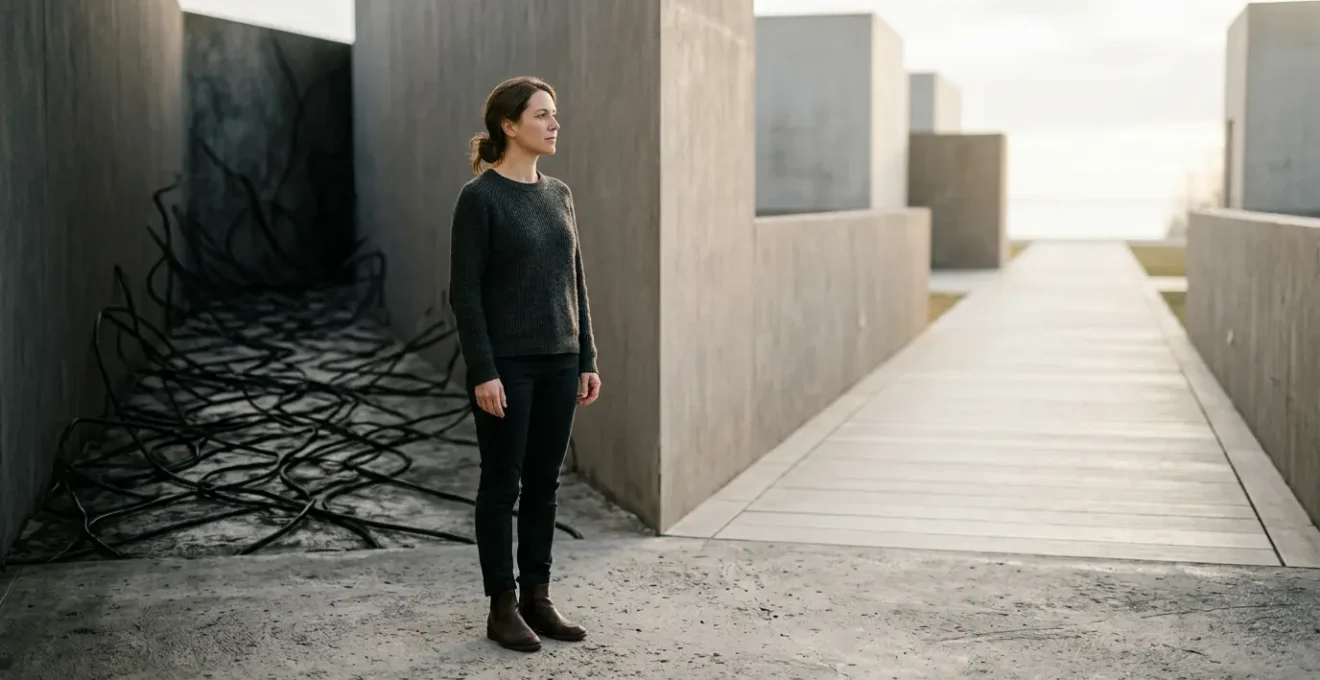 A person standing at a crossroads with two distinct paths ahead, one dark and winding representing problem analysis, the other bright and clear representing solution building