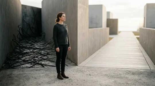 A person standing at a crossroads with two distinct paths ahead, one dark and winding representing problem analysis, the other bright and clear representing solution building