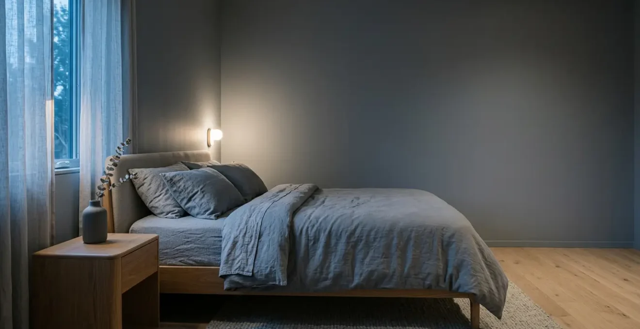 Serene modern bedroom designed for optimal sleep with cool ambient lighting and minimalist aesthetic