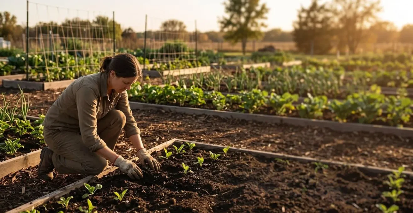 Wide environmental shot of a person gardening in golden hour light representing somatic healing through purposeful action