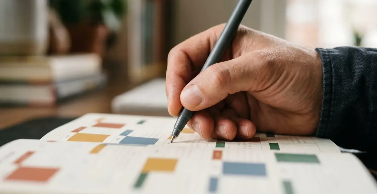Close-up of professional hands marking calendar with an intentional planning gesture