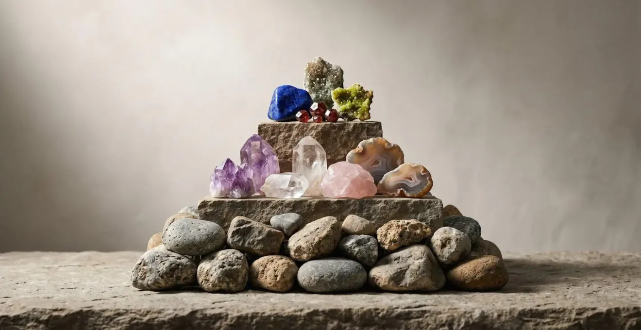 Three-tiered arrangement of natural elements representing a hierarchy from essential foundations to specialized support