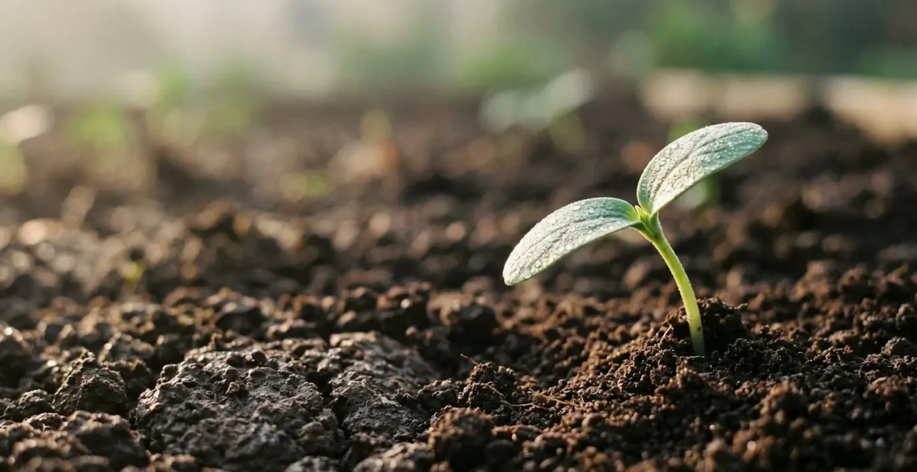 A single plant seedling emerging from dark soil, symbolizing gradual and sustainable habit development over time.