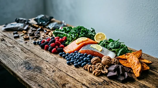 Vibrant whole foods and brain-supporting nutrients arranged for sustained mental energy