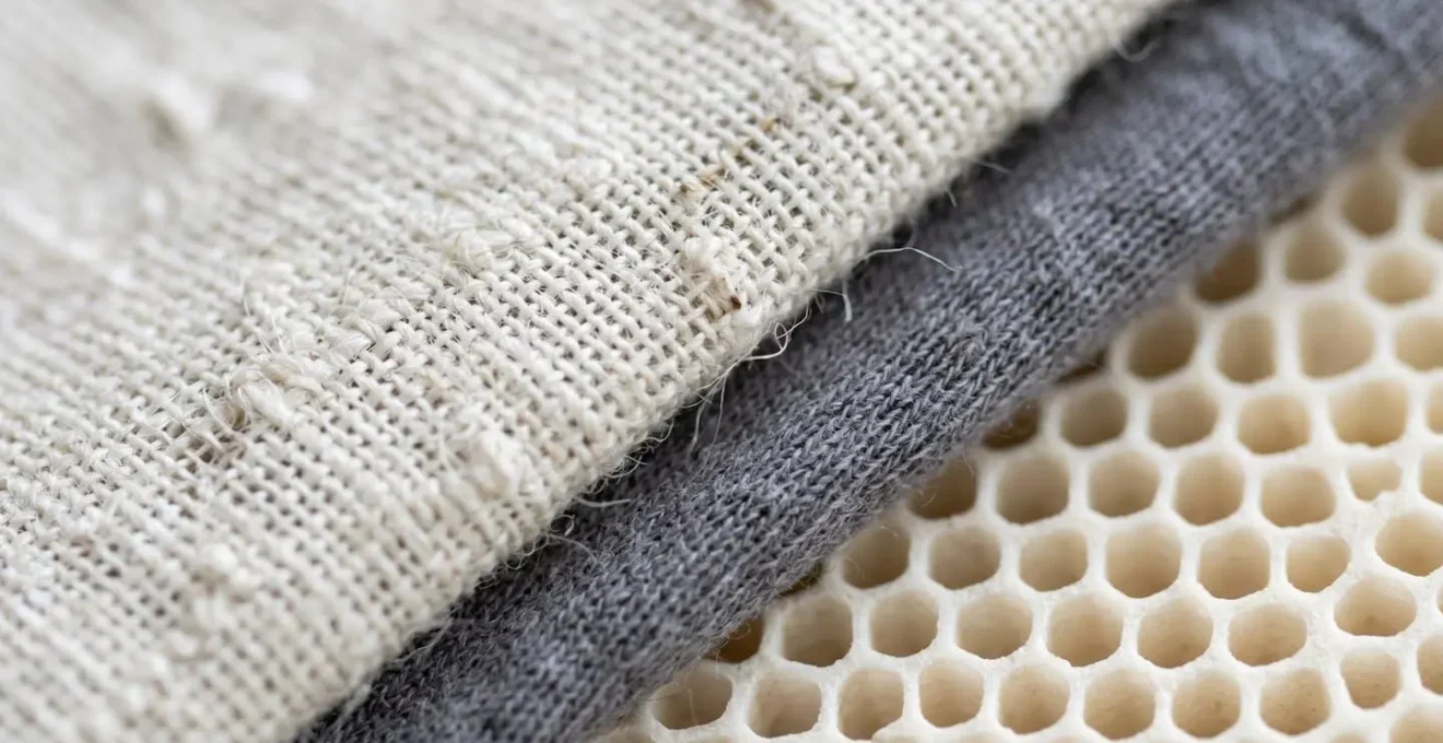 Close-up detail of natural breathable linen fabric texture showing thermoregulation properties for sleep