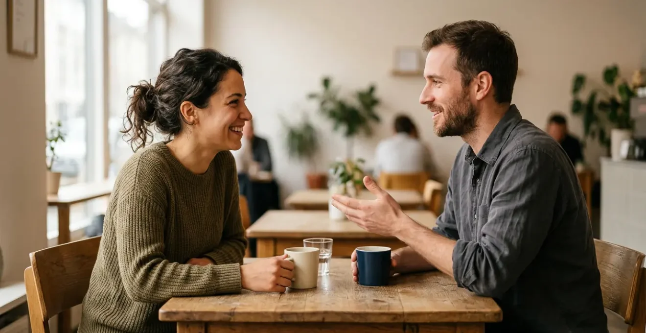 Two friends sitting across from each other in a supportive conversation, showing mutual reciprocity