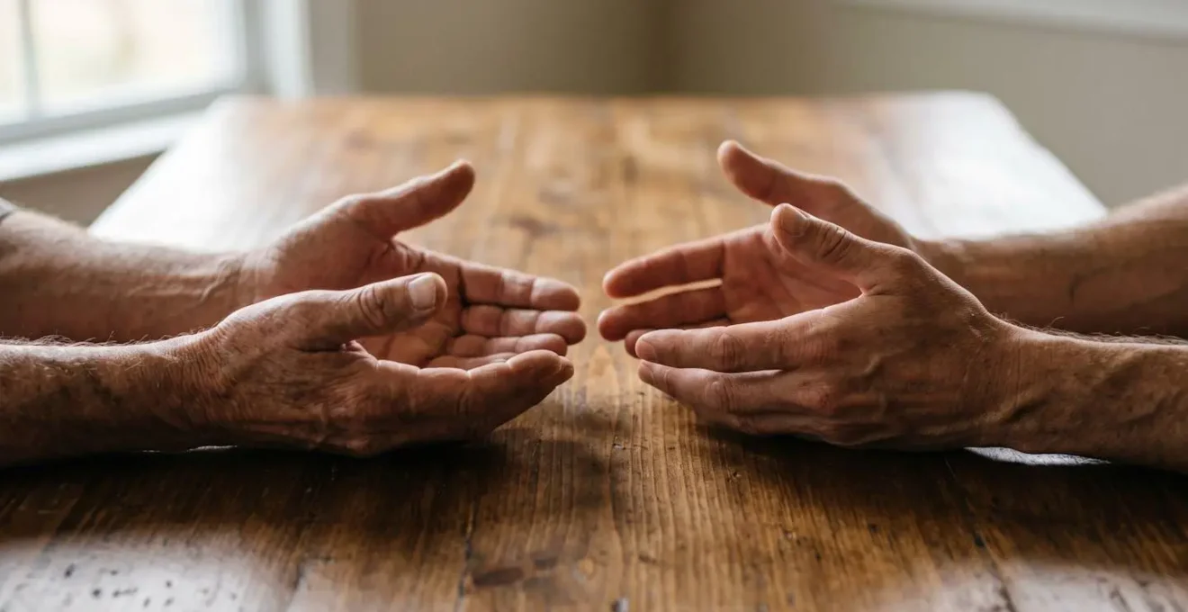 Close-up of hands reaching across a table in a gesture of support and connection