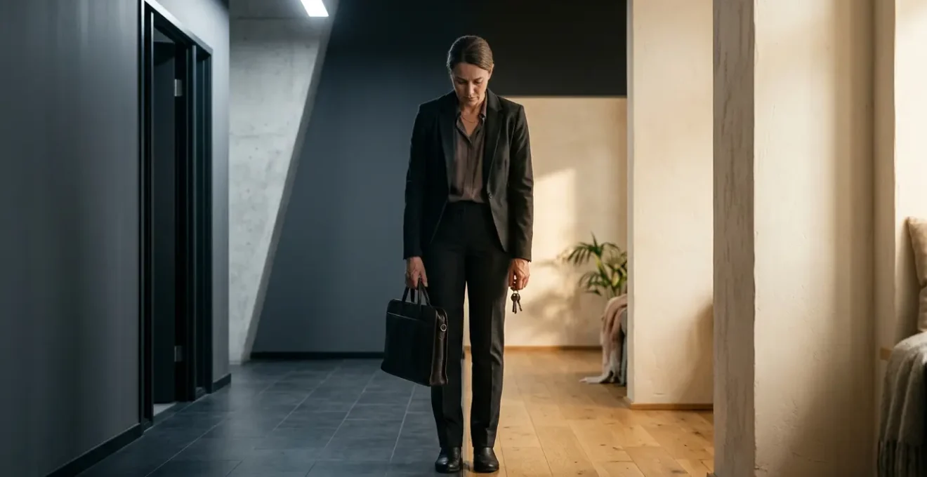 Professional facing dual environments representing workplace and home life