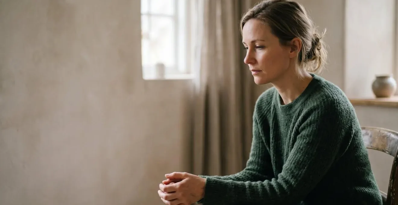 Person sitting in contemplative stillness during the early phase of processing a difficult experience