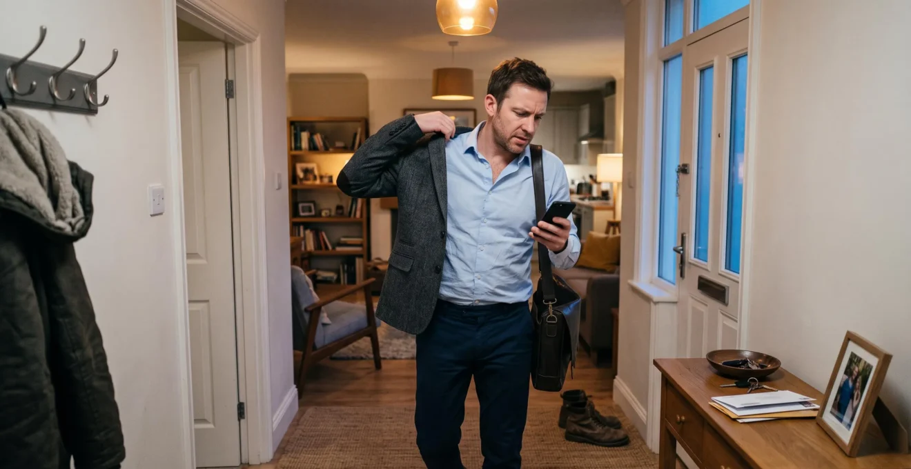 Professional man in his 30s entering apartment in early evening, removing jacket while checking phone, showing continuation of work stress mode at home
