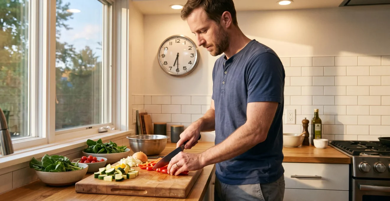 Man in his 30s preparing fresh vegetables for early dinner in kitchen around 6:45 PM, wall clock visible in background showing the time
