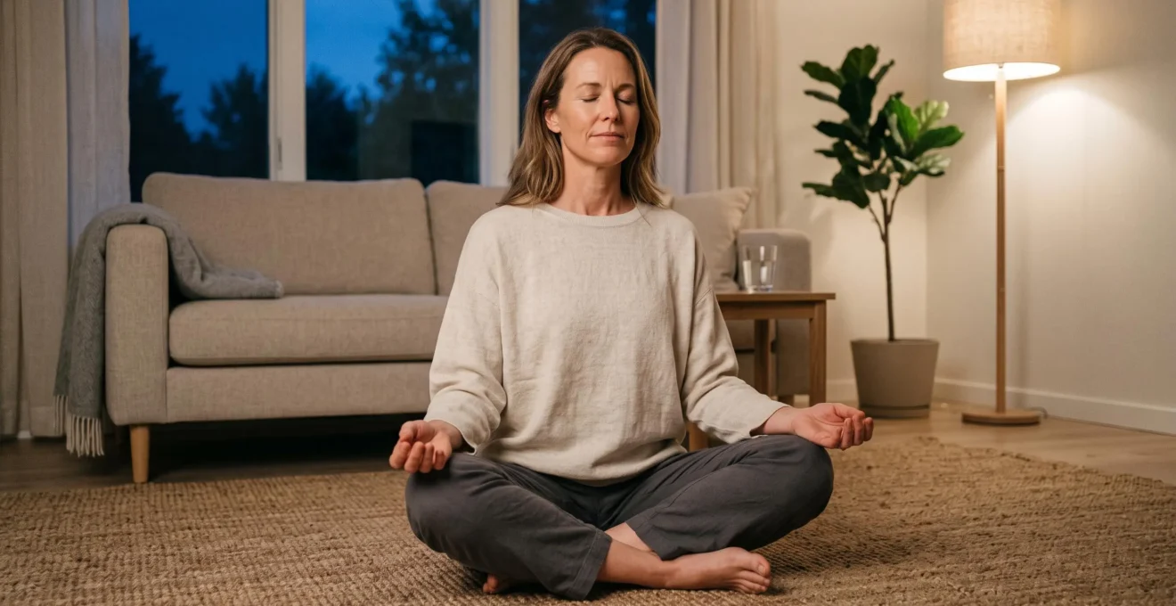 Woman in her 40s sitting cross-legged on living room floor in evening, practicing gentle breathing with eyes closed in calm home environment