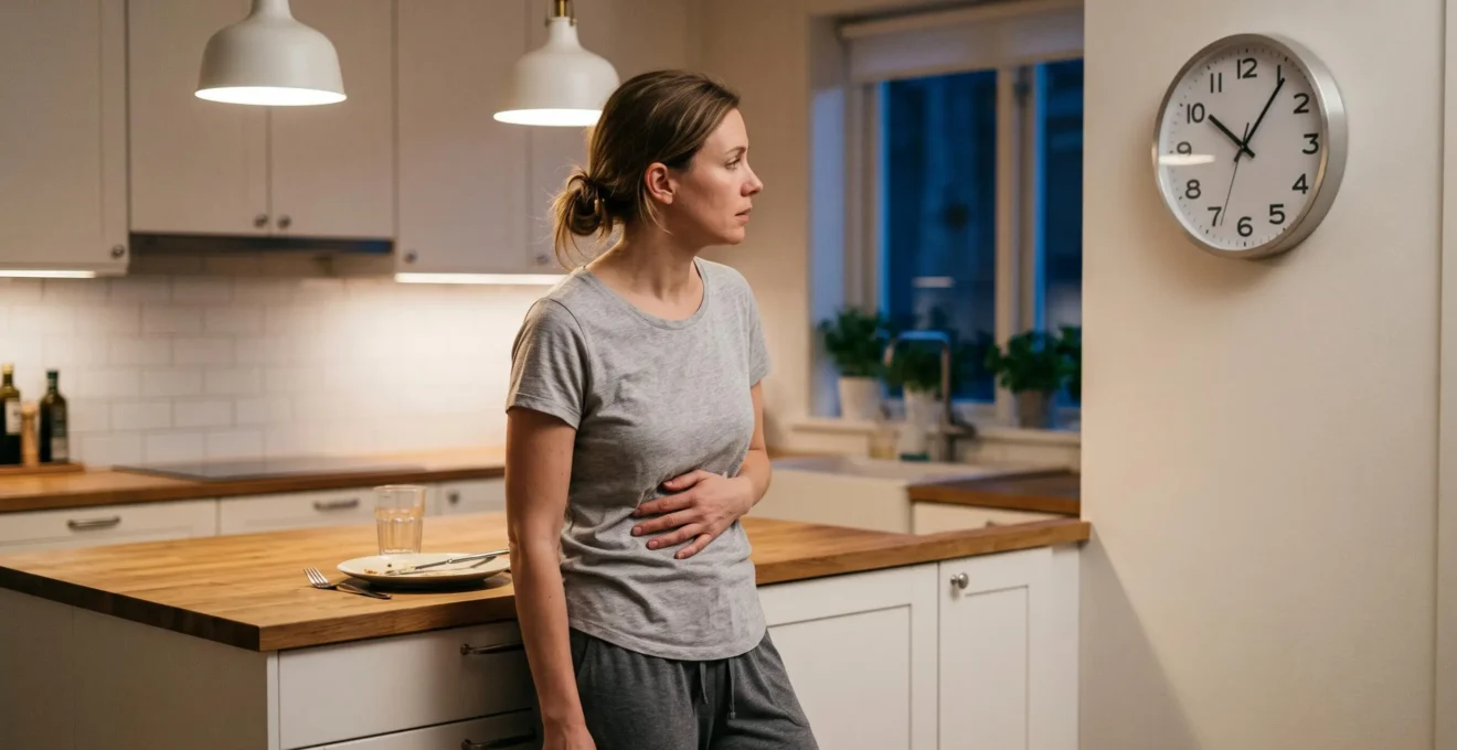 Woman in her 30s standing in modern kitchen late evening with hand on abdomen, wall clock showing 10:30 PM visible in background