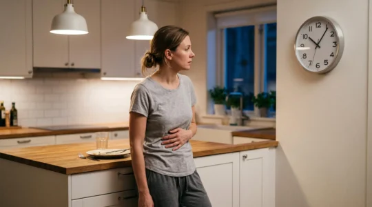 Woman in her 30s standing in modern kitchen late evening with hand on abdomen, wall clock showing 10:30 PM visible in background