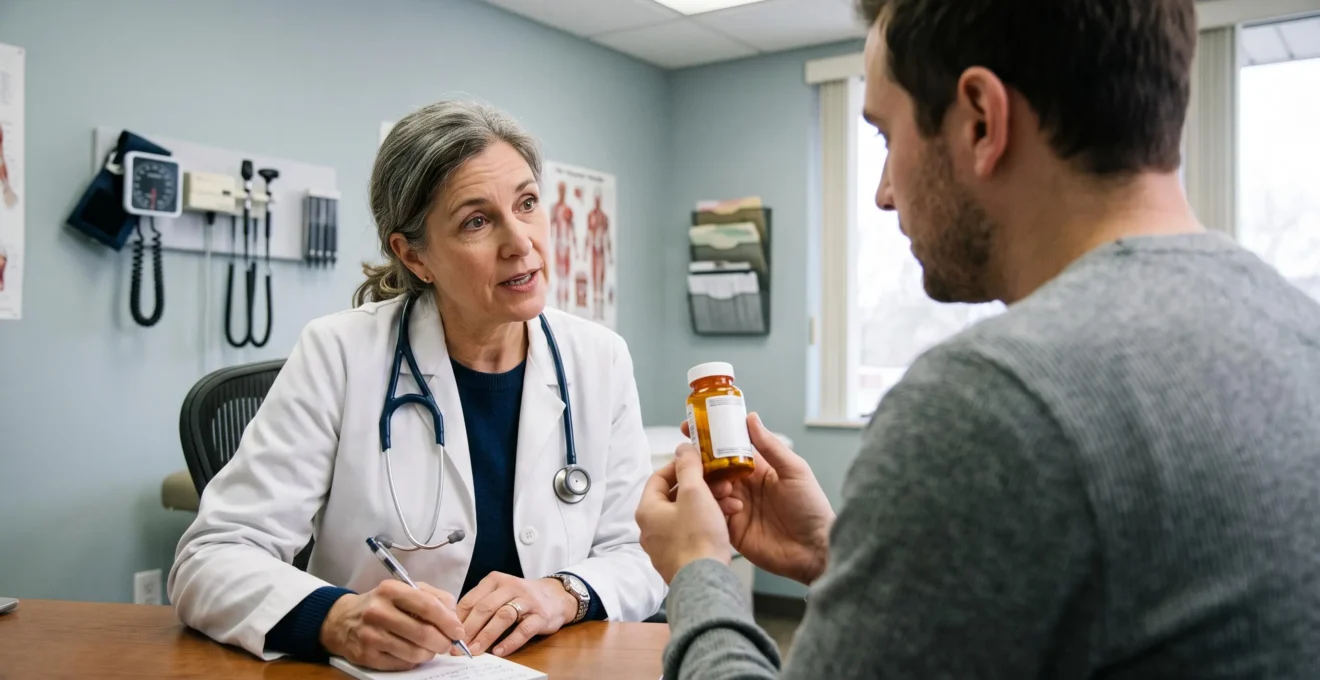 A doctor consulting with a patient who holds a supplement bottle in a medical examination room.