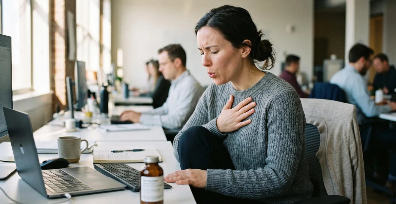 A woman at her office desk with closed eyes doing a slow breathing exercise, a supplement bottle on the desk beside her.