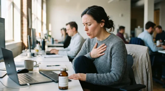 A woman at her office desk with closed eyes doing a slow breathing exercise, a supplement bottle on the desk beside her.