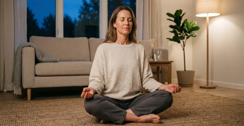 Woman in her 40s sitting cross-legged on living room floor in evening, practicing gentle breathing with eyes closed in calm home environment Woman in her 40s sitting cross-legged on living room floor in evening, practicing gentle breathing with eyes closed in calm home environment